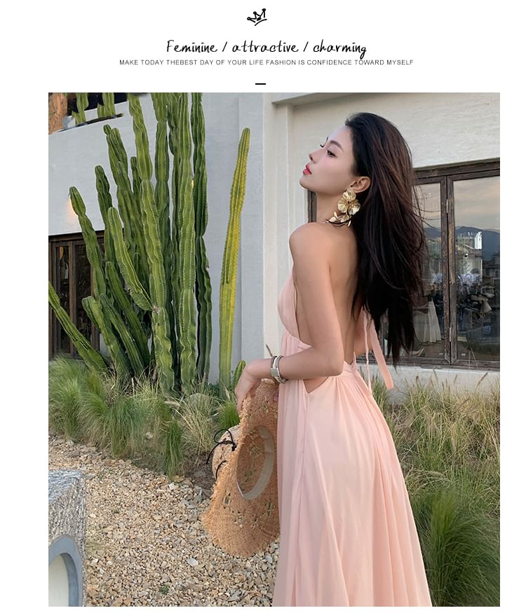 Plain A-Line Maxi Dress - V-Neck Sleeveless