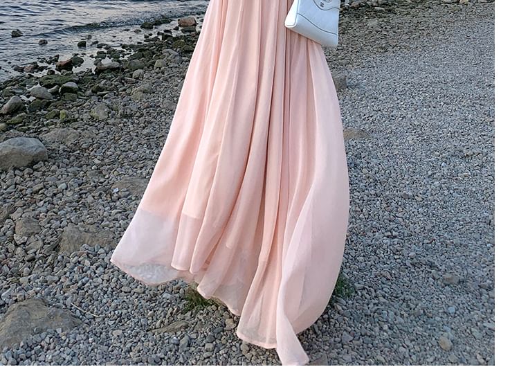 Plain A-Line Maxi Dress - V-Neck Sleeveless