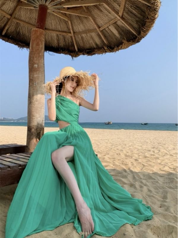 Cutout A-Line Maxi Dress - Sleeveless Plain