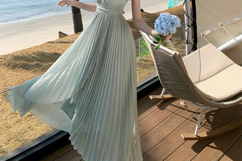 Asymmetrical A-Line Maxi Dress - V-Neck Spaghetti Strap