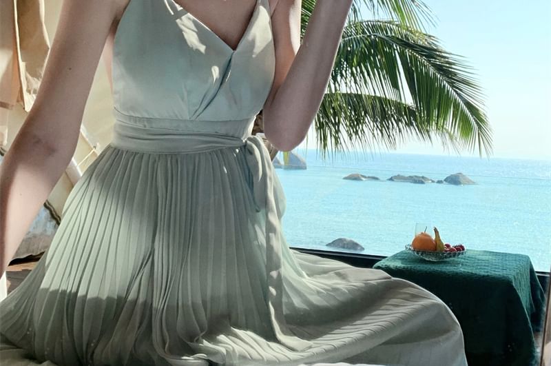 Asymmetrical A-Line Maxi Dress - V-Neck Spaghetti Strap