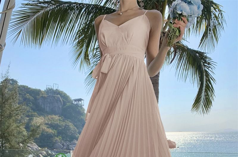 Asymmetrical A-Line Maxi Dress - V-Neck Spaghetti Strap