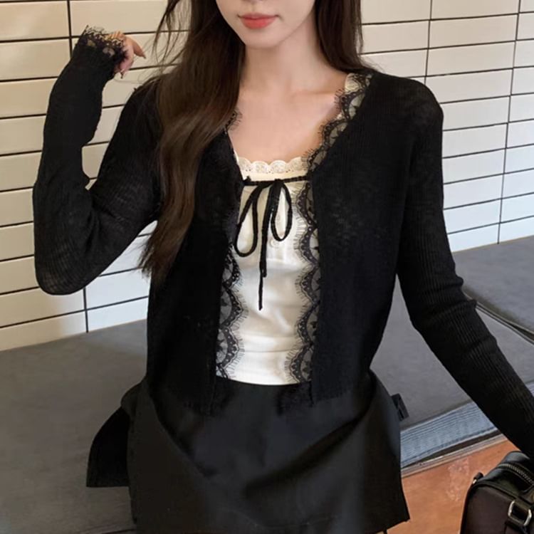 Lace Trim Ribbed Tie-Front Cardigan