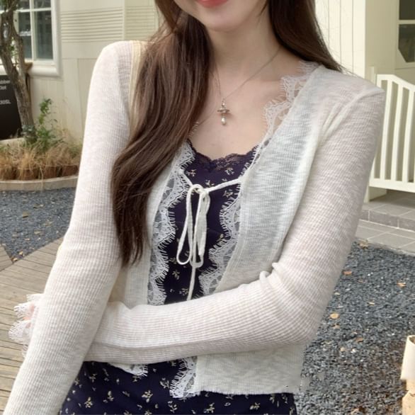 Lace Trim Ribbed Tie-Front Cardigan