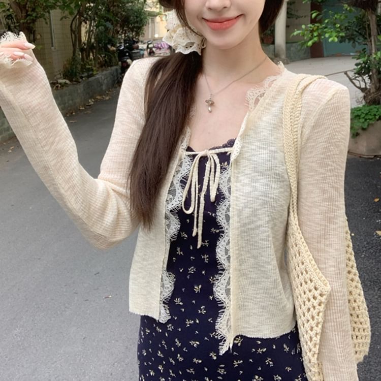 Lace Trim Ribbed Tie-Front Cardigan