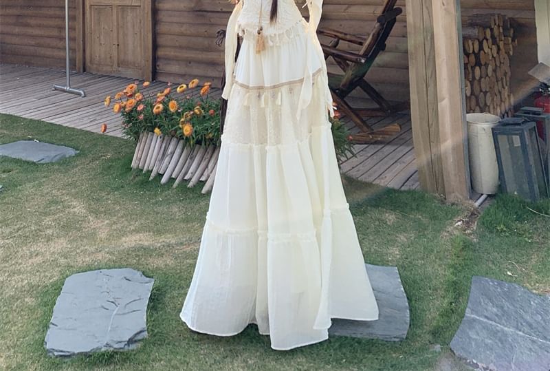 Tasseled Sleeveless Top, Maxi A-Line Skirt, and Cardigan Ensemble
