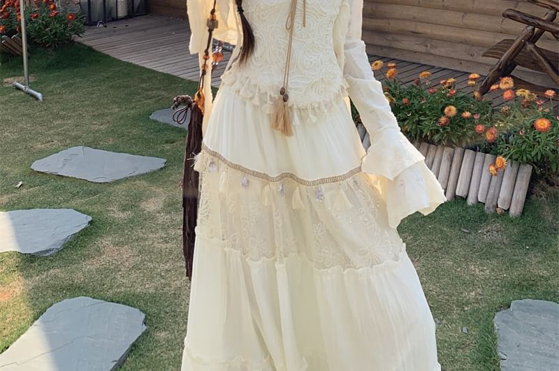 Tasseled Sleeveless Top, Maxi A-Line Skirt, and Cardigan Ensemble