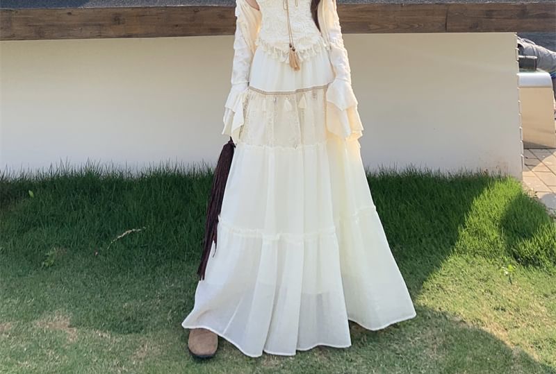 Tasseled Sleeveless Top, Maxi A-Line Skirt, and Cardigan Ensemble