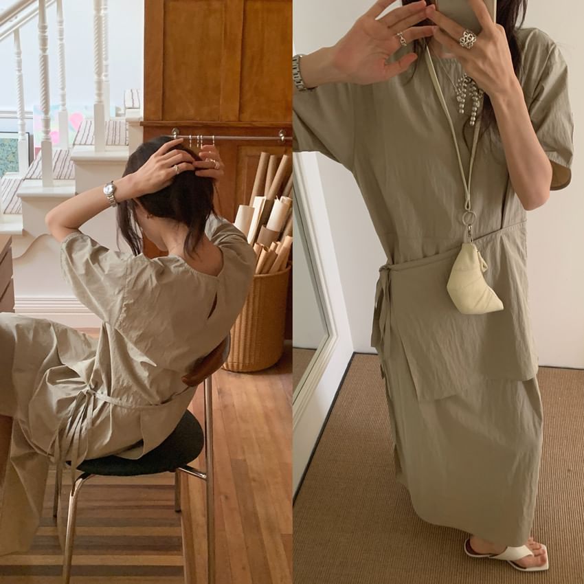 Mock Two-Piece Maxi Dress - Long Sleeve Crewneck