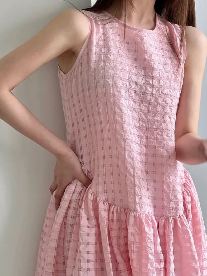 Puff Sleeve A-Line Maxi Dress - Crewneck Sleeveless