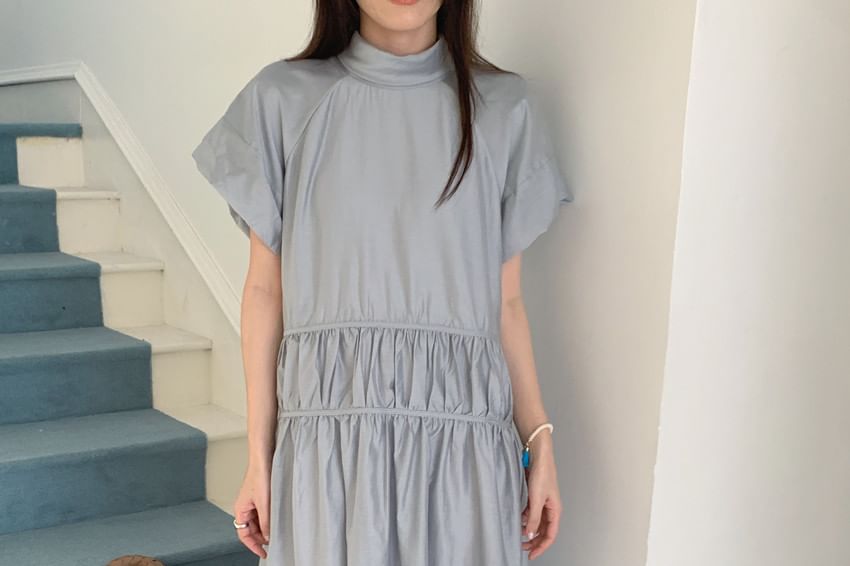 Mock Neck A-Line Maxi Dress - Short Sleeve Plain