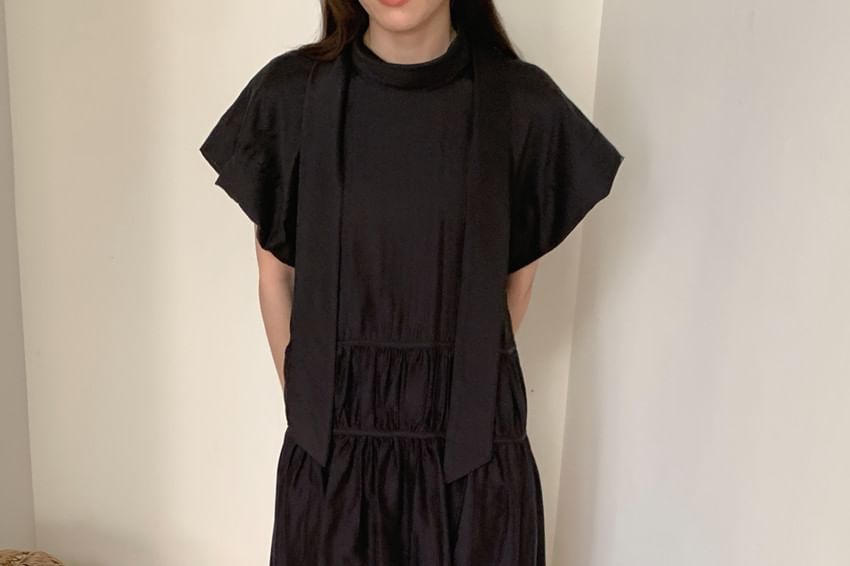 Mock Neck A-Line Maxi Dress - Short Sleeve Plain