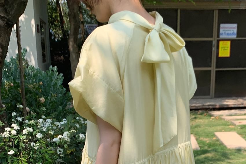Mock Neck A-Line Maxi Dress - Short Sleeve Plain
