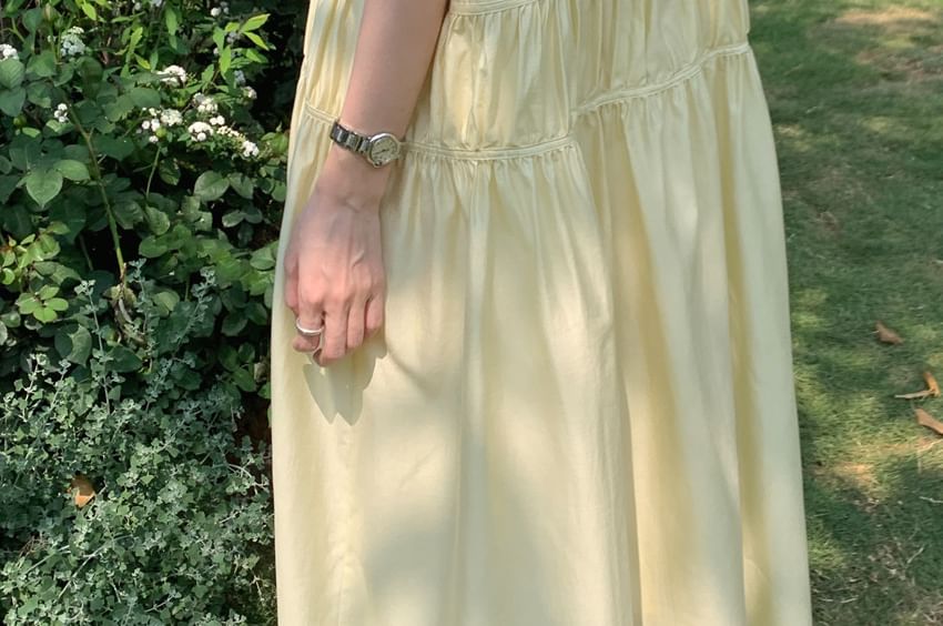 Mock Neck A-Line Maxi Dress - Short Sleeve Plain