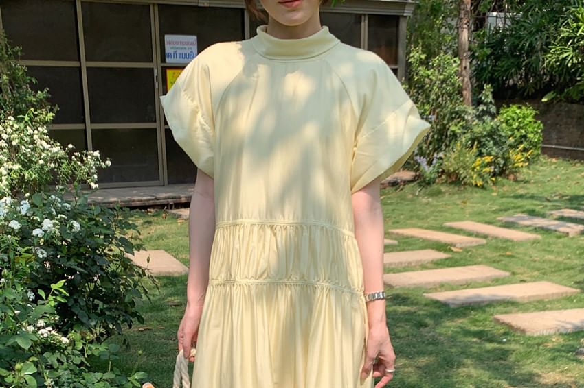 Mock Neck A-Line Maxi Dress - Short Sleeve Plain