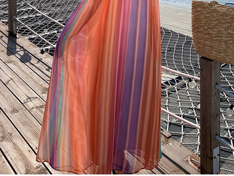 Color Block Halter A-Line Maxi Dress