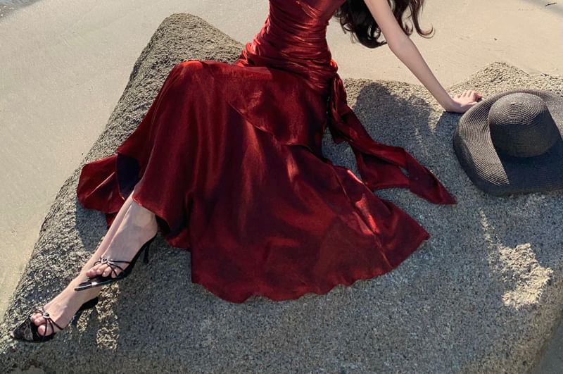 Ruffled Trim Ruched Spaghetti Strap A-Line Maxi Dress