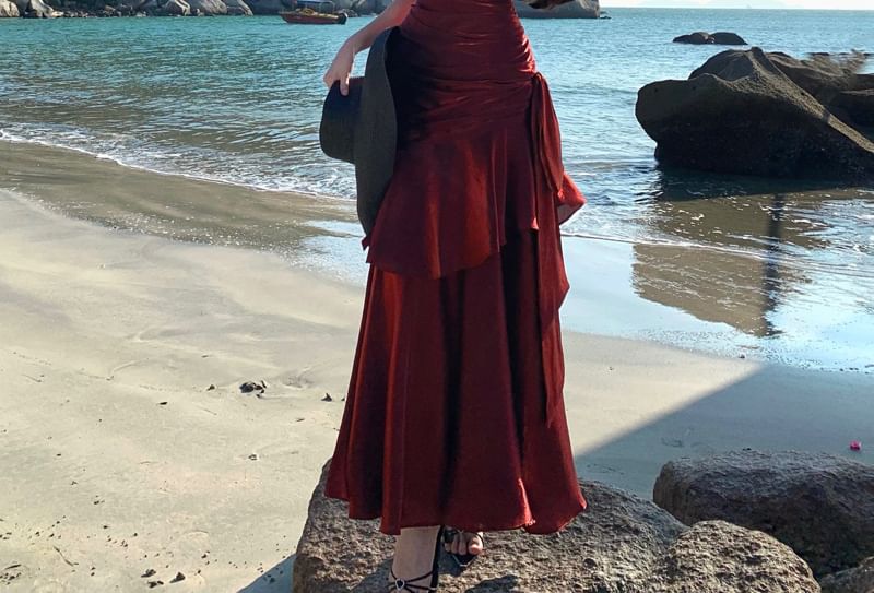 Ruffled Trim Ruched Spaghetti Strap A-Line Maxi Dress
