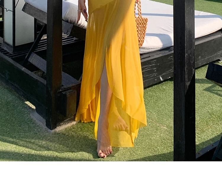 Asymmetrical Plain Spaghetti Strap Sheath Maxi Dress