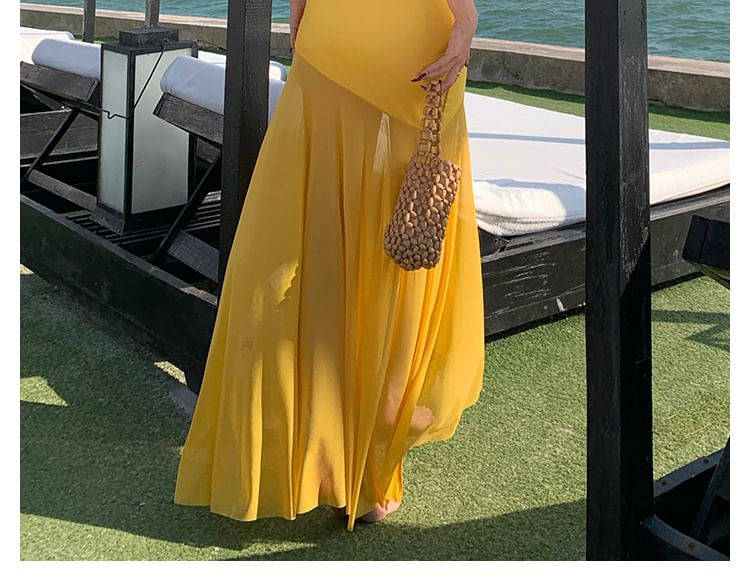 Asymmetrical Plain Spaghetti Strap Sheath Maxi Dress