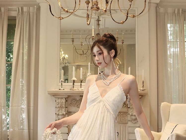 Frill Trim Slit Spaghetti Strap A-Line Maxi Dress