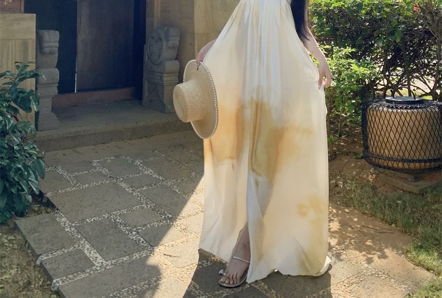 Tie Dye Slit Spaghetti Strap A-Line Maxi Gown