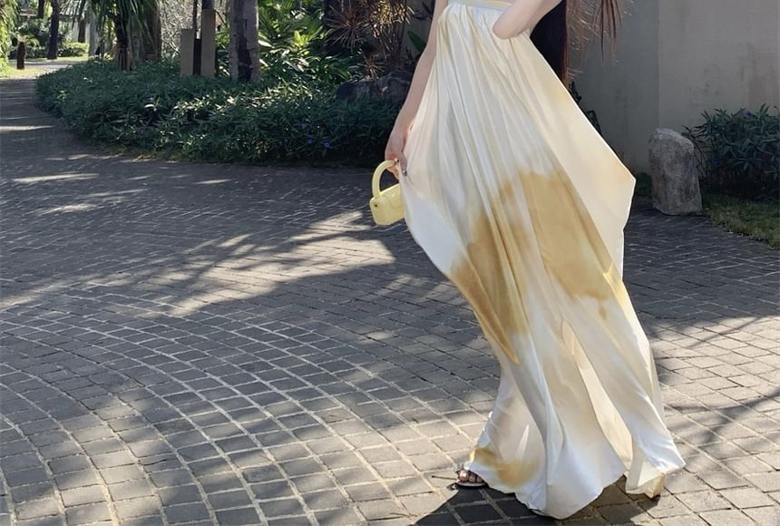Tie Dye Slit Spaghetti Strap A-Line Maxi Gown