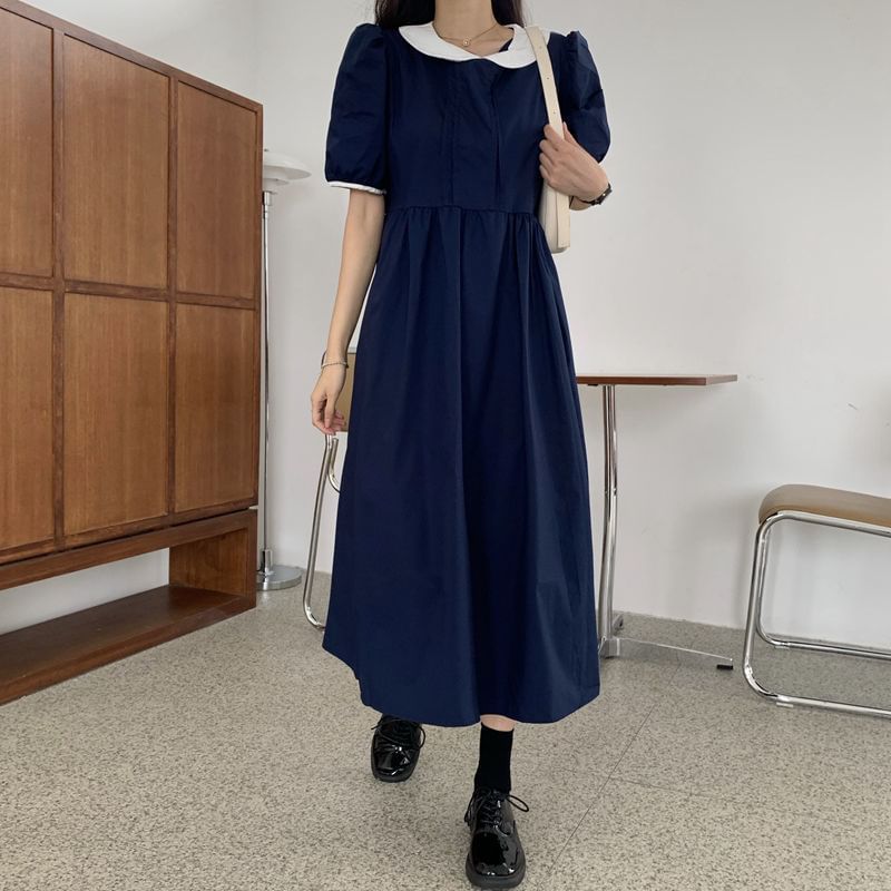 Two Tone A-Line Maxi Dress - Short Sleeve Collared
