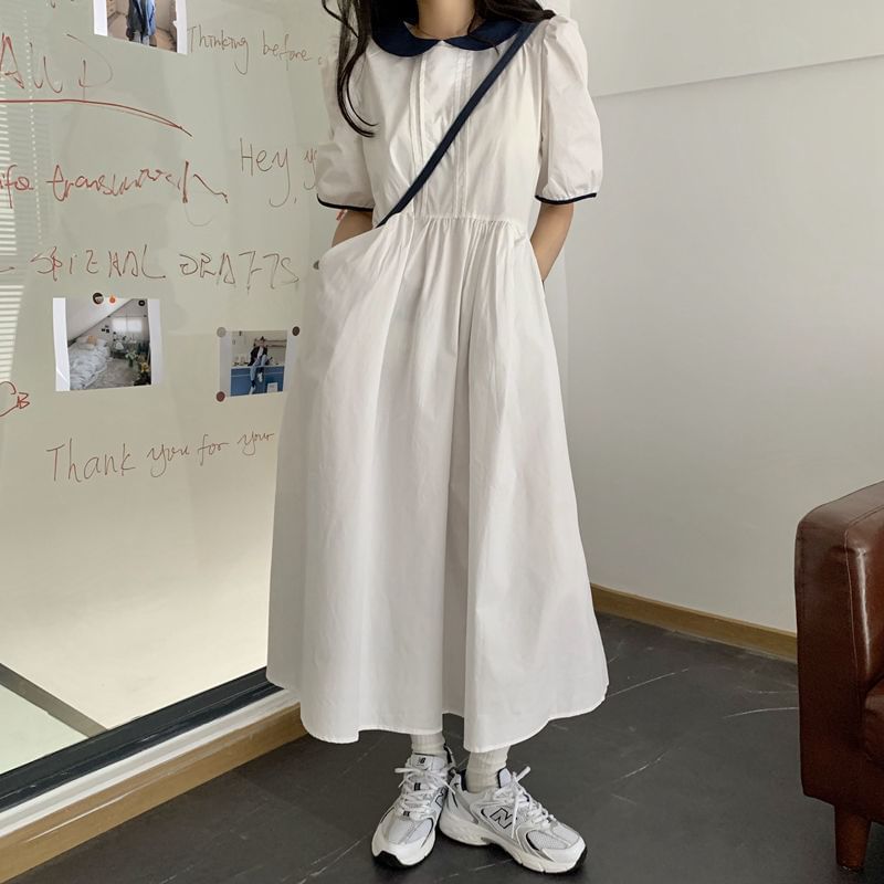 Two Tone A-Line Maxi Dress - Short Sleeve Collared