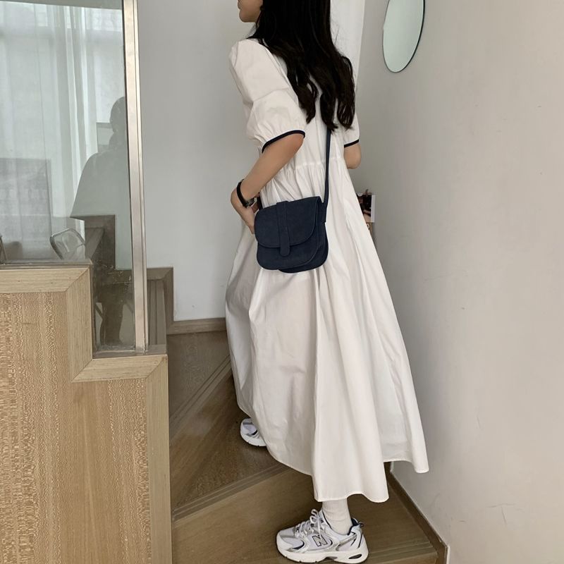 Two Tone A-Line Maxi Dress - Short Sleeve Collared