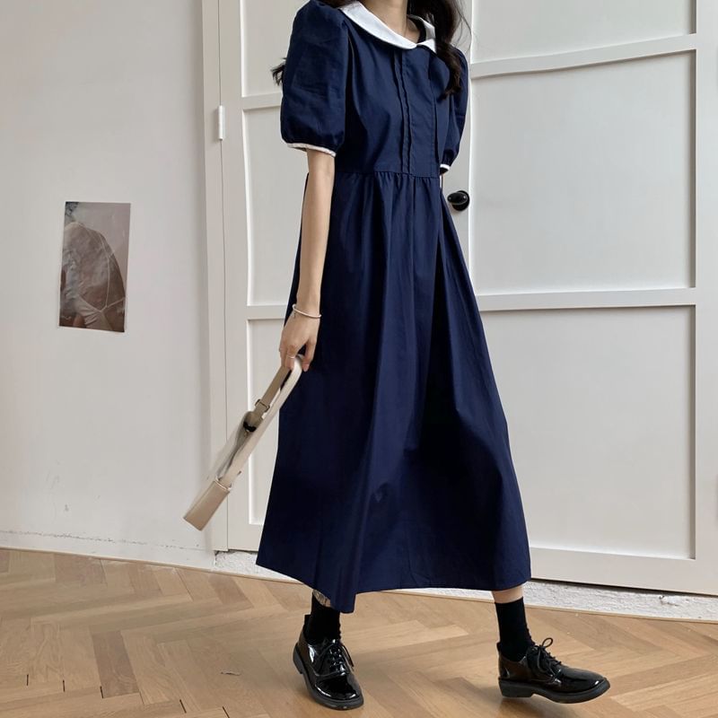 Two Tone A-Line Maxi Dress - Short Sleeve Collared