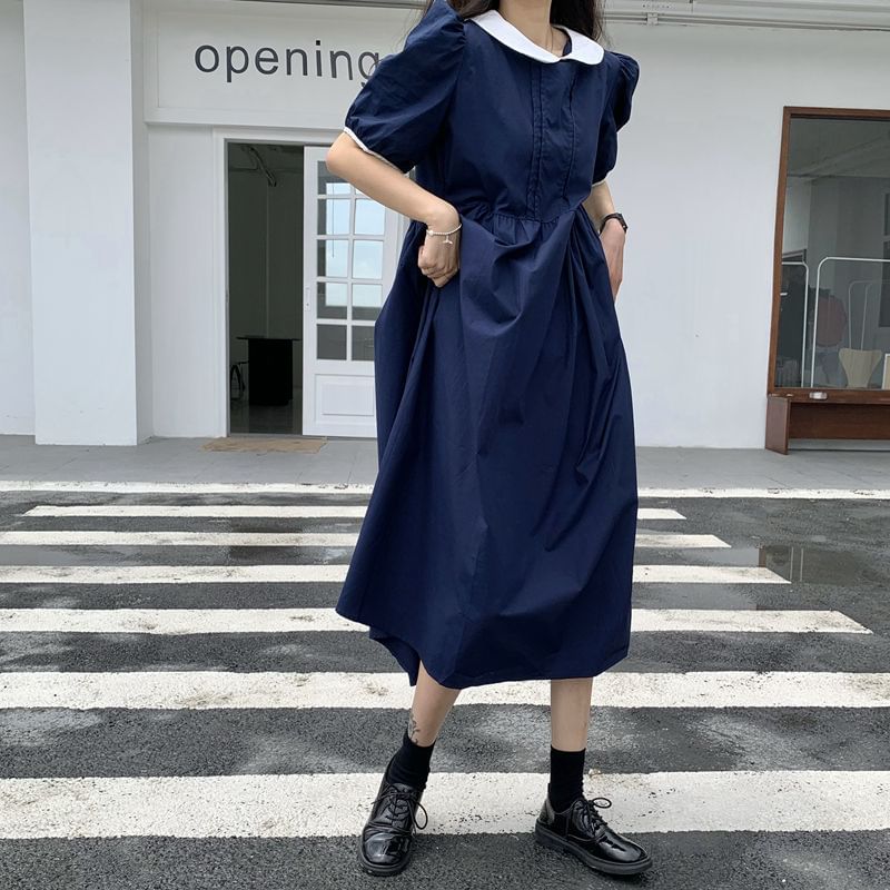 Two Tone A-Line Maxi Dress - Short Sleeve Collared