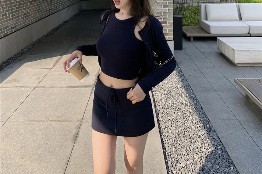 Crew Neck Crop Tank with Pencil Skirt and Cardigan Set