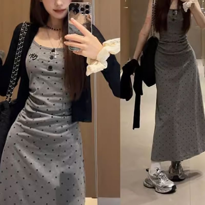 Dotted Ruched Midi Dress with Crop Cardigan Set