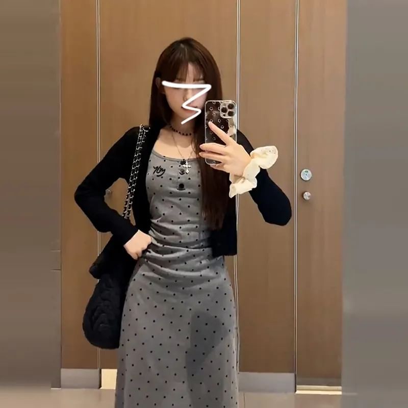 Dotted Ruched Midi Dress with Crop Cardigan Set