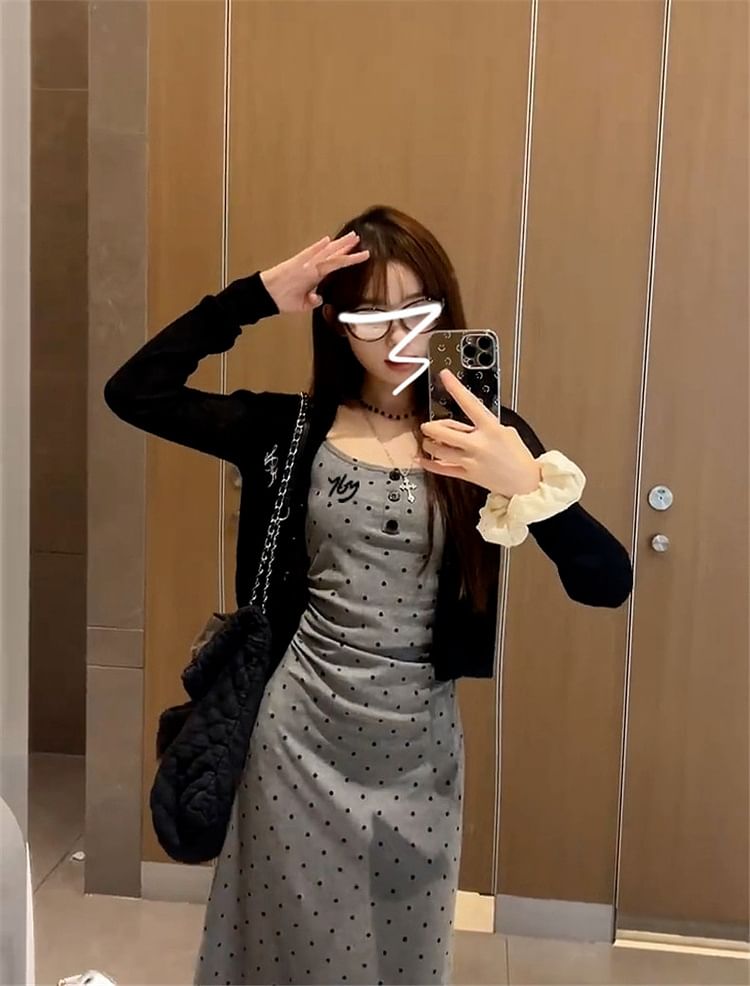 Dotted Ruched Midi Dress with Crop Cardigan Set