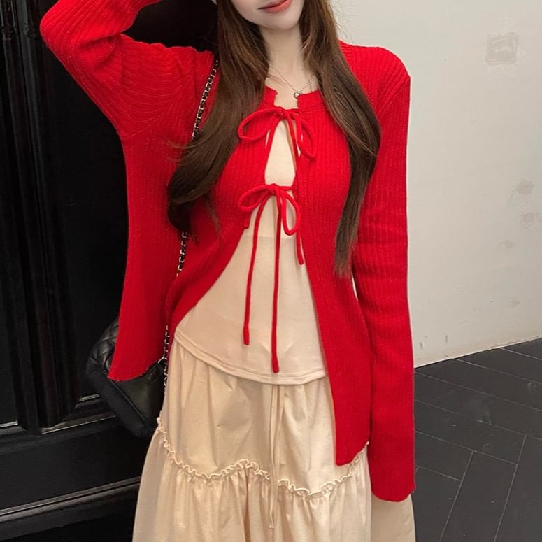Bow Lace-Up Knit Cardigan with Top and Skirt Set