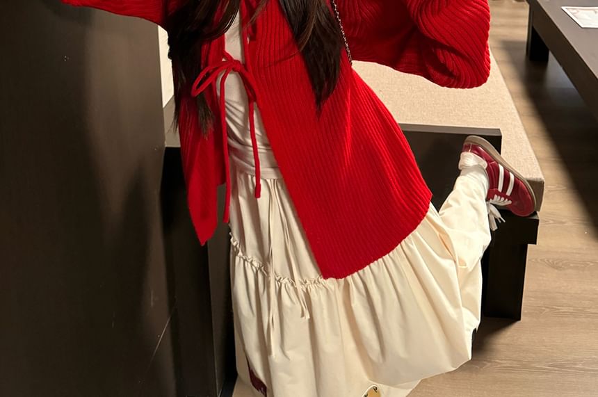 Bow Lace-Up Knit Cardigan with Top and Skirt Set