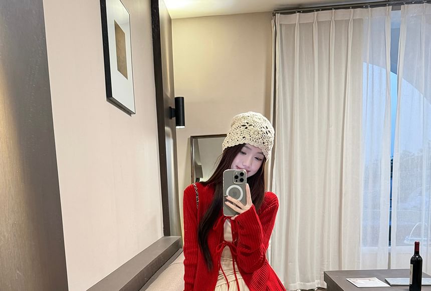 Bow Lace-Up Knit Cardigan with Top and Skirt Set