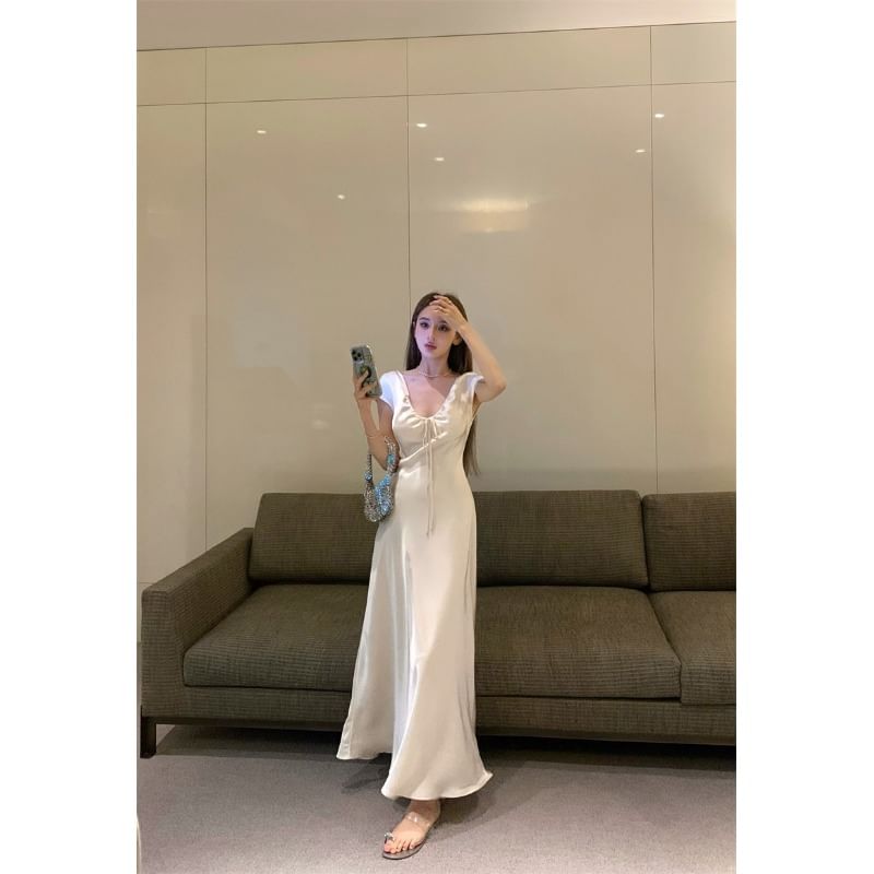 V-Neck Tie Front Satin Short-Sleeve A-Line Maxi Dress