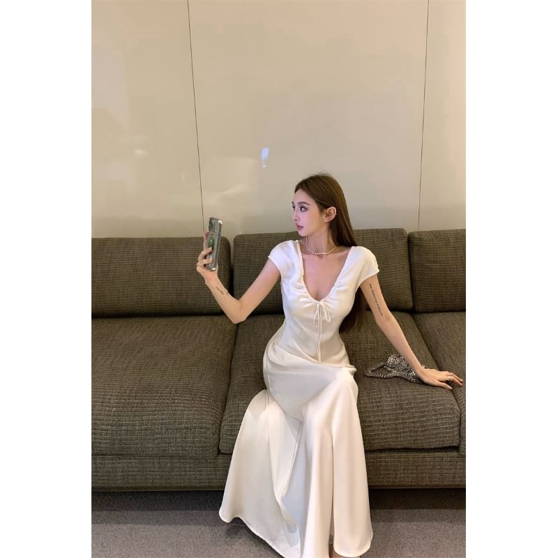 V-Neck Tie Front Satin Short-Sleeve A-Line Maxi Dress
