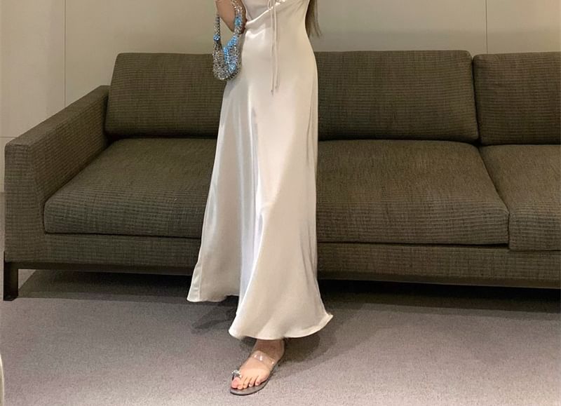 V-Neck Tie Front Satin Short-Sleeve A-Line Maxi Dress