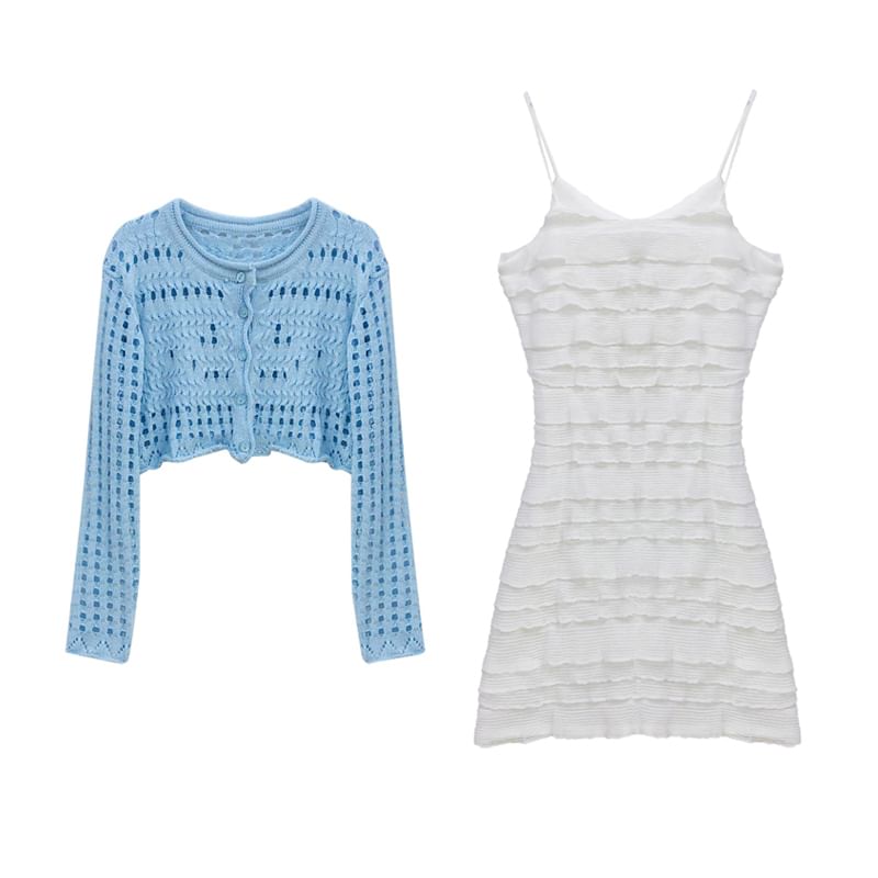 Perforated Crop Cardigan & Bodycon Mini Dress Set