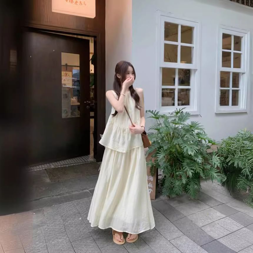 Mock Two Piece Round Neck Sleeveless A-Line Maxi Dress