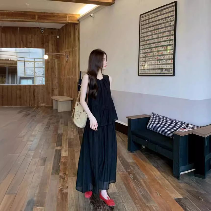Mock Two Piece Round Neck Sleeveless A-Line Maxi Dress