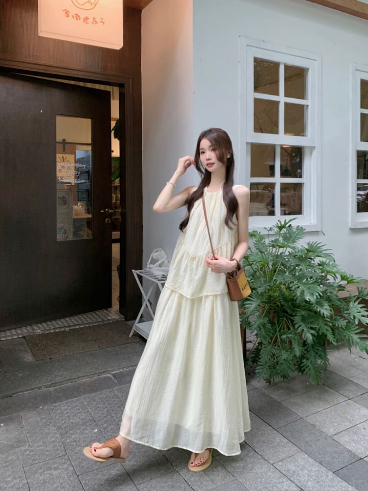 Mock Two Piece Round Neck Sleeveless A-Line Maxi Dress