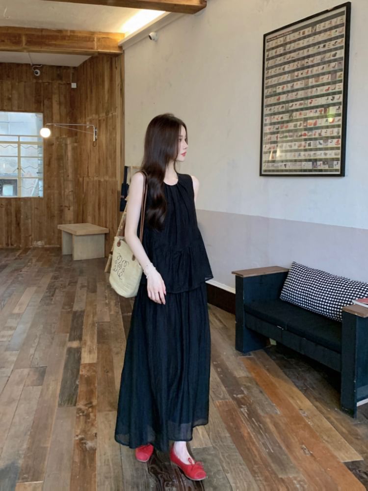 Mock Two Piece Round Neck Sleeveless A-Line Maxi Dress