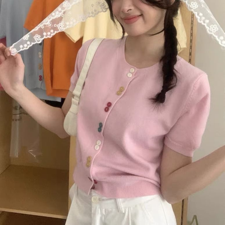 Crew Neck Short-Sleeve Button Crop Cardigan