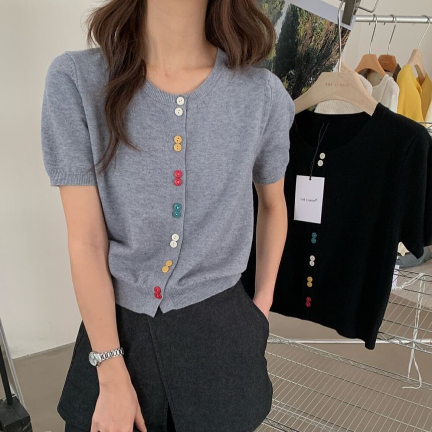 Crew Neck Short-Sleeve Button Crop Cardigan