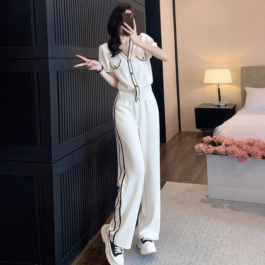 V-Neck Contrast Trim Cardigan with Sweatpants Set